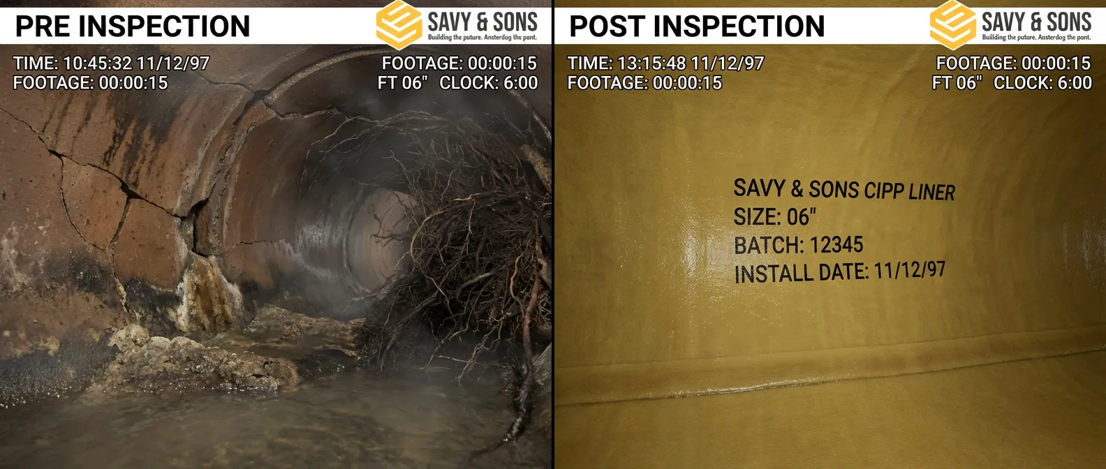 CCTV sewer inspection before and after CIPP liner installation