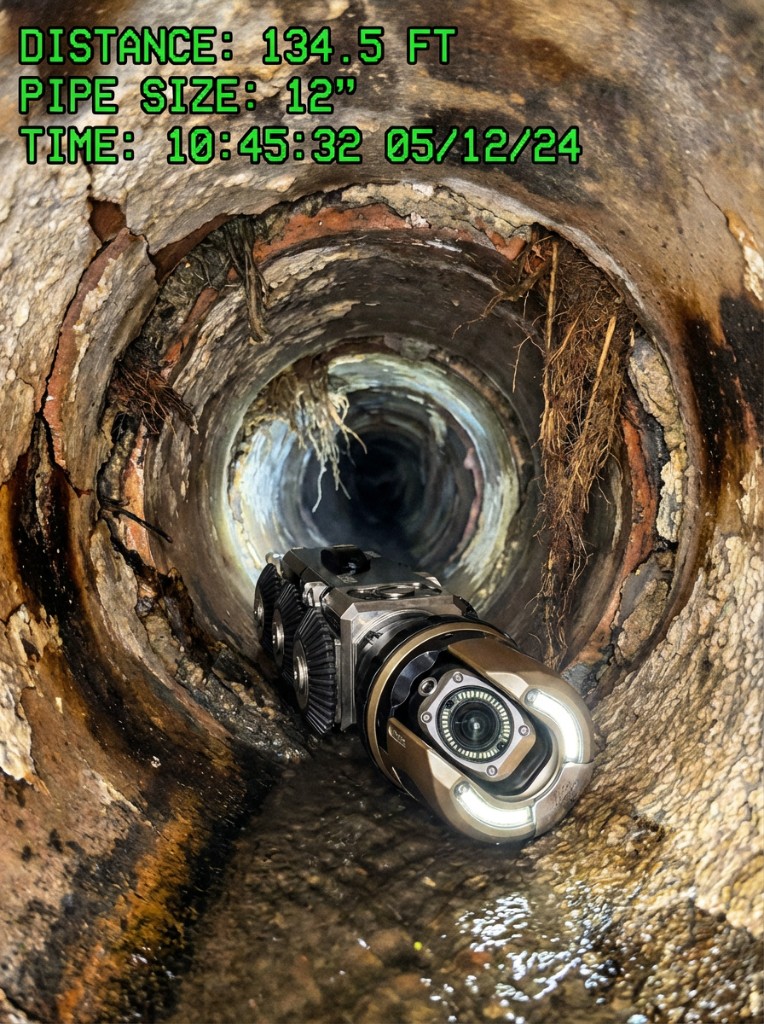 CCTV crawler in a 12 inch sewer with groundwater tracking in through failed joints