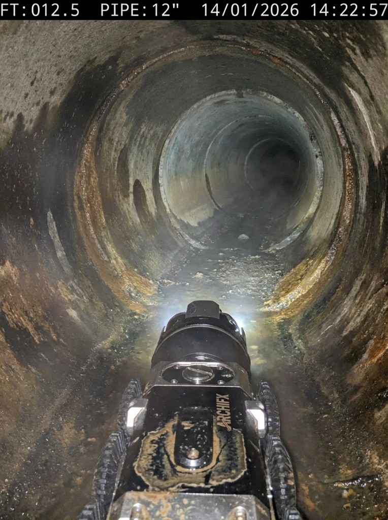 CCTV crawler travelling a 12 inch sewer with footage and pipe size recorded on screen