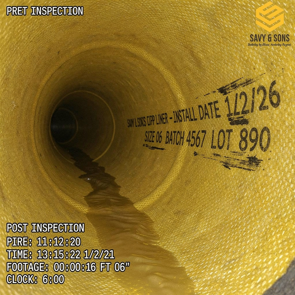 Post-repair CCTV of the completed liner with the Savy and Sons install record stamped in the pipe