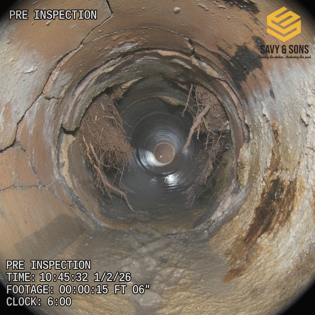 Pre-inspection CCTV showing the root mass and buildup that has to be removed before lining