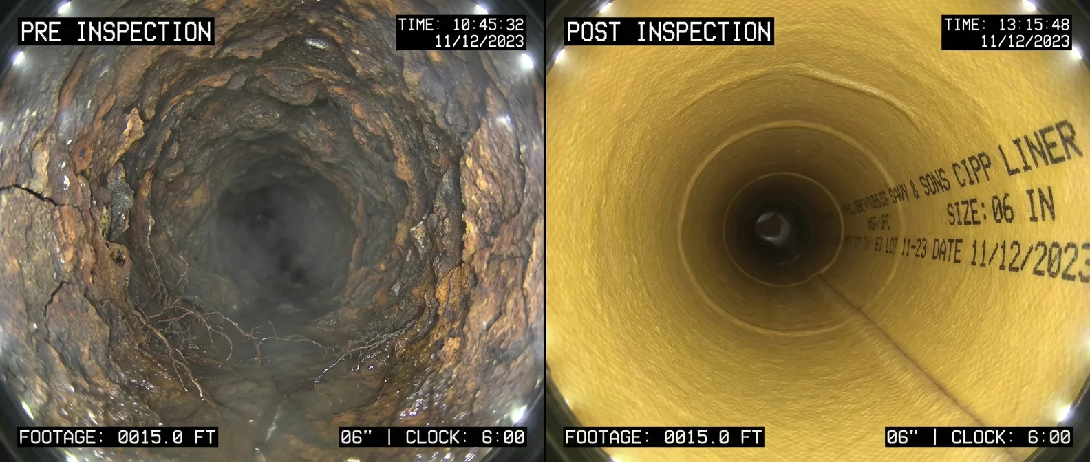 Side-by-side pre-inspection and post-inspection CCTV of a 6 inch sewer lined with CIPP