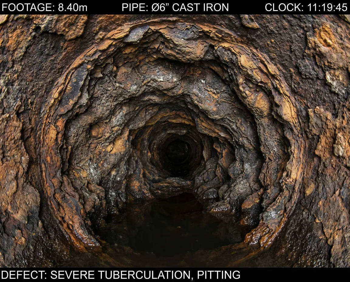 CCTV of a 6 inch cast iron sewer with severe tuberculation and interior pitting