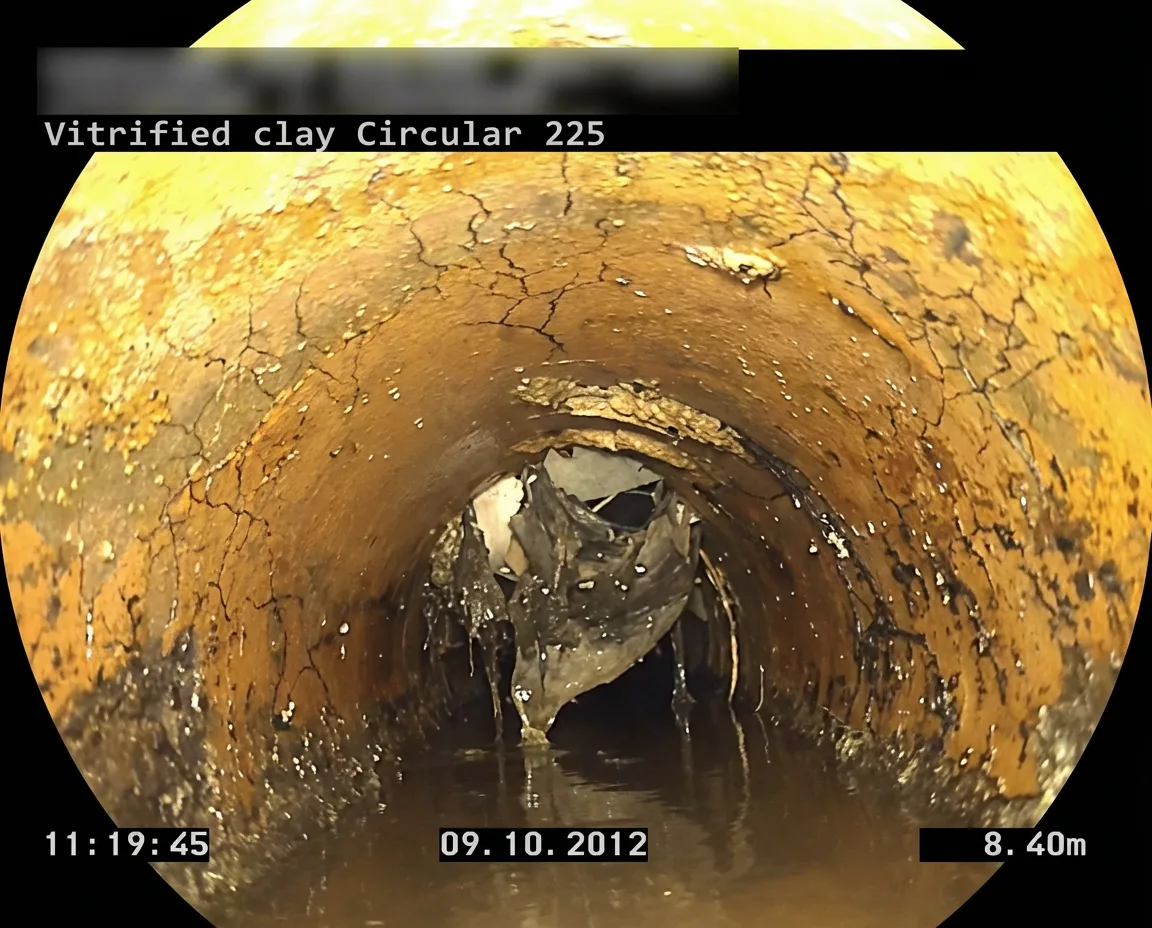 CCTV inside vitrified clay sewer pipe showing structural cracking and a broken section