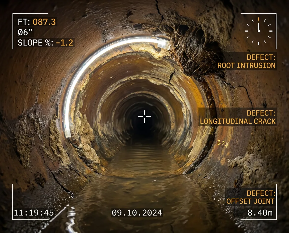 CCTV sewer inspection with root intrusion, longitudinal crack, and offset joint identified on screen