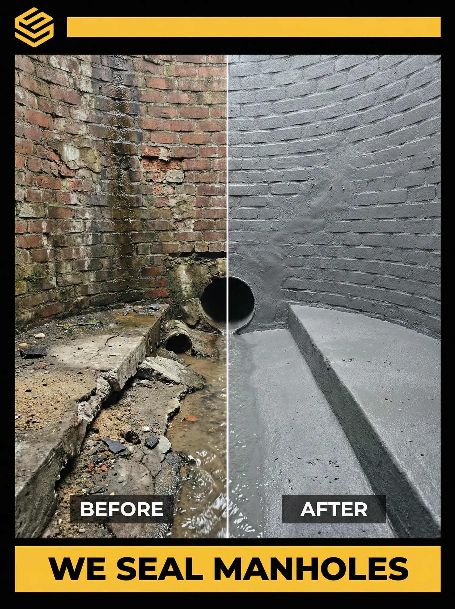Manhole structure before and after waterproofing and sealing