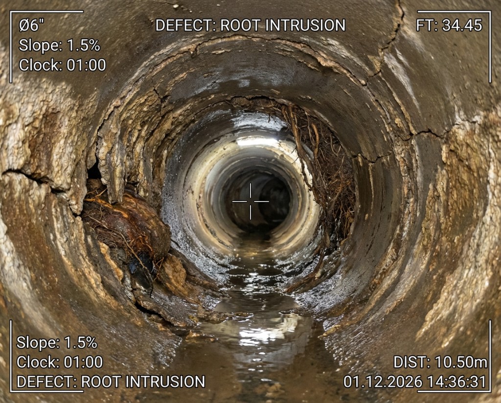 CCTV sewer inspection camera view inside a mainline