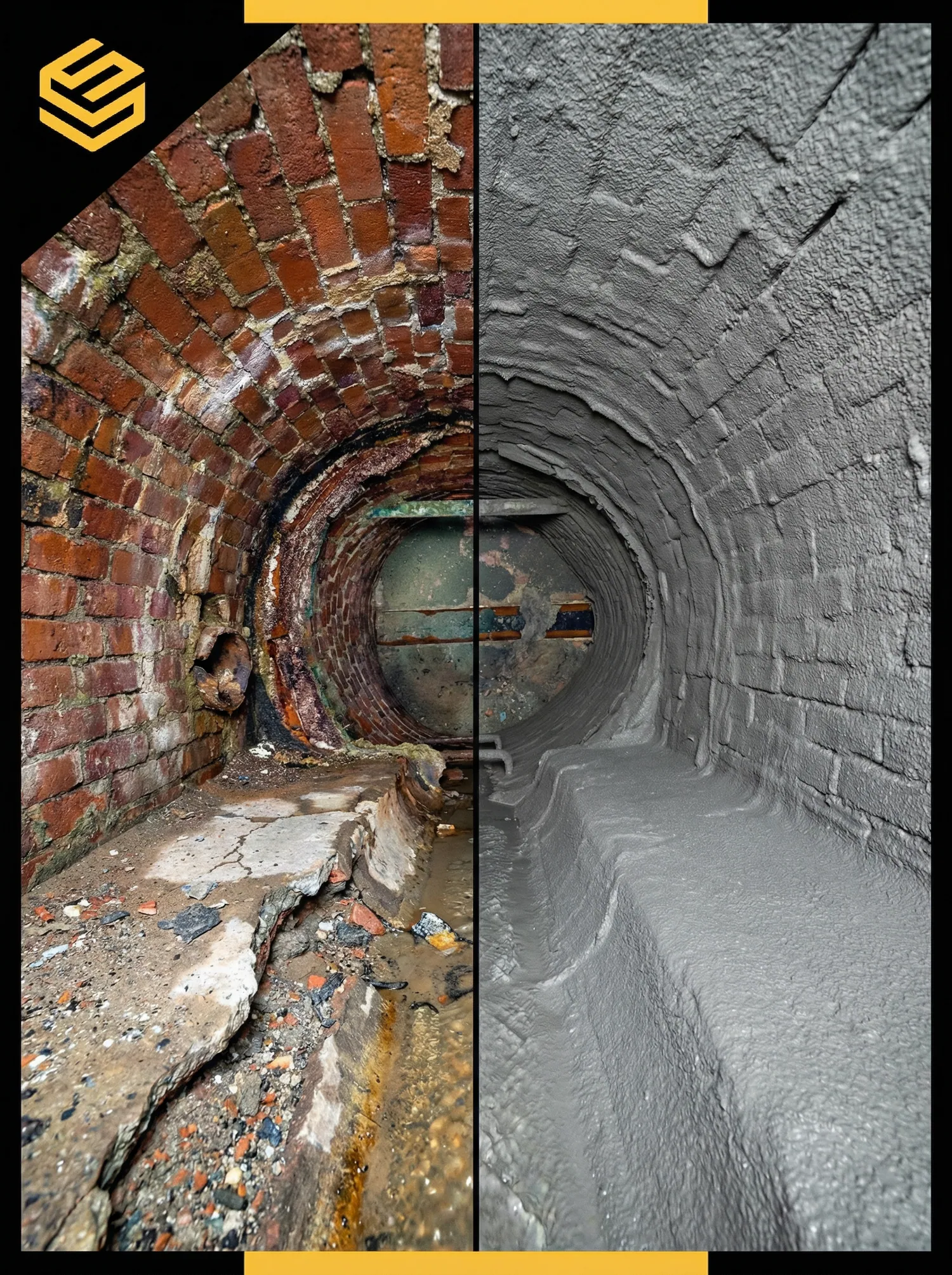 Brick sewer tunnel before and after structural coating