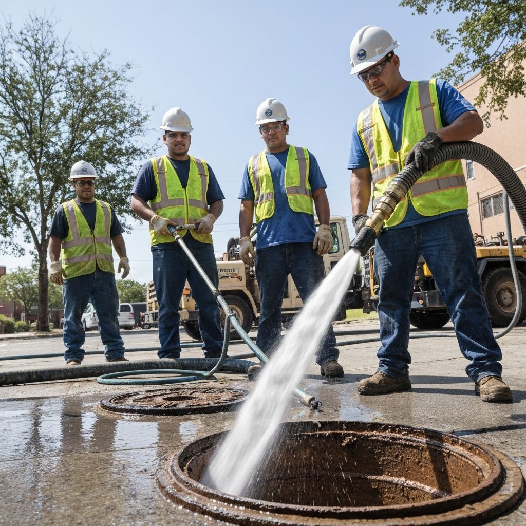 Crew jetting a commercial sewer line during repeat cleaning of the same run