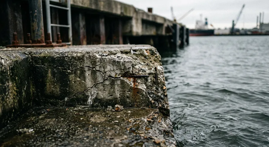 Close documentation of a cracked seawall cap corner with exposed rusted reinforcement