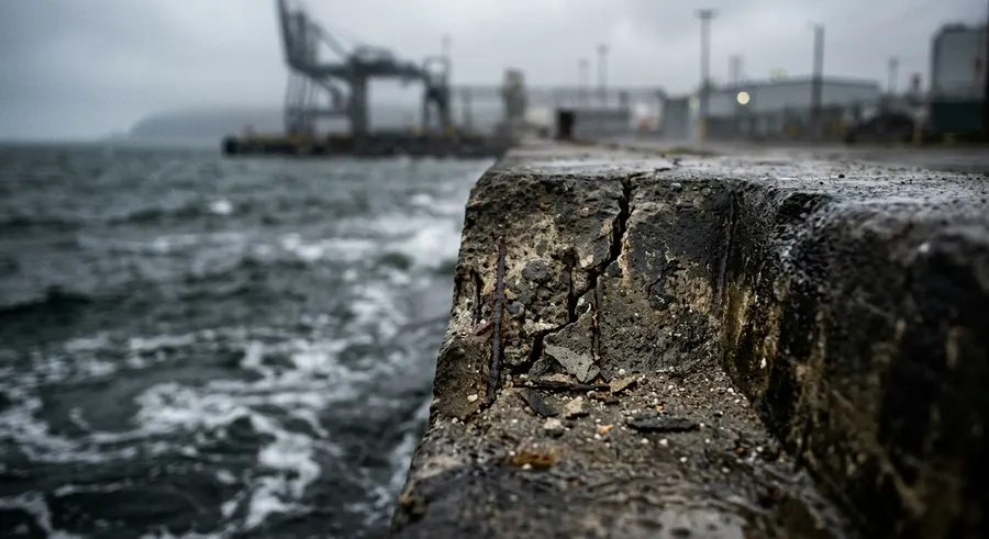 Spalling seawall cap with corroded reinforcement exposed to open-water wave action