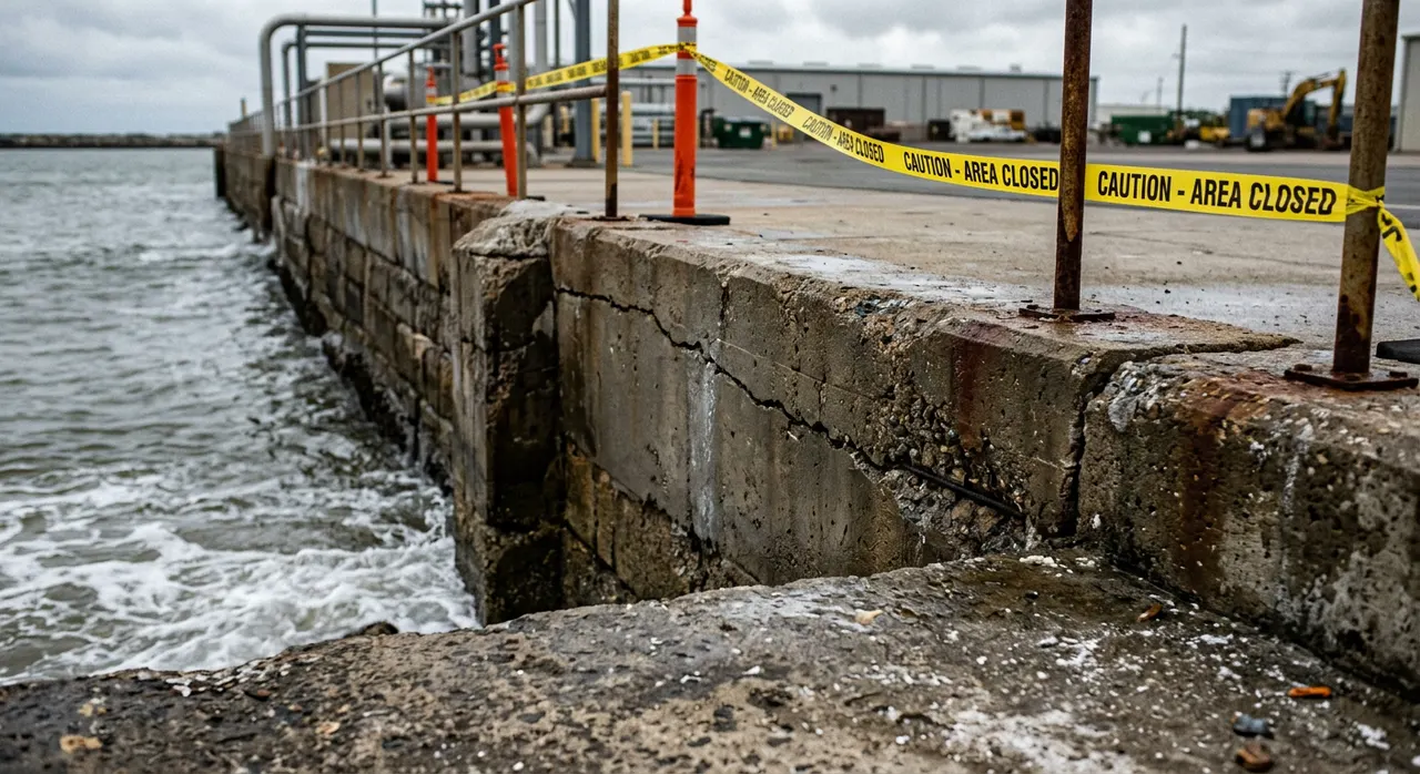 Cracked seawall cap and settled wall sections with the landward area closed off at a commercial site