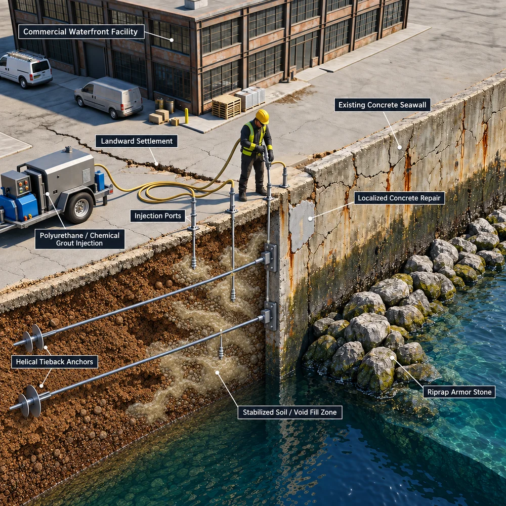 Cutaway diagram of a commercial seawall repair with injection ports, chemical grout injection, stabilized soil and void fill zone, helical tieback anchors, localized concrete repair, and riprap armor stone identified