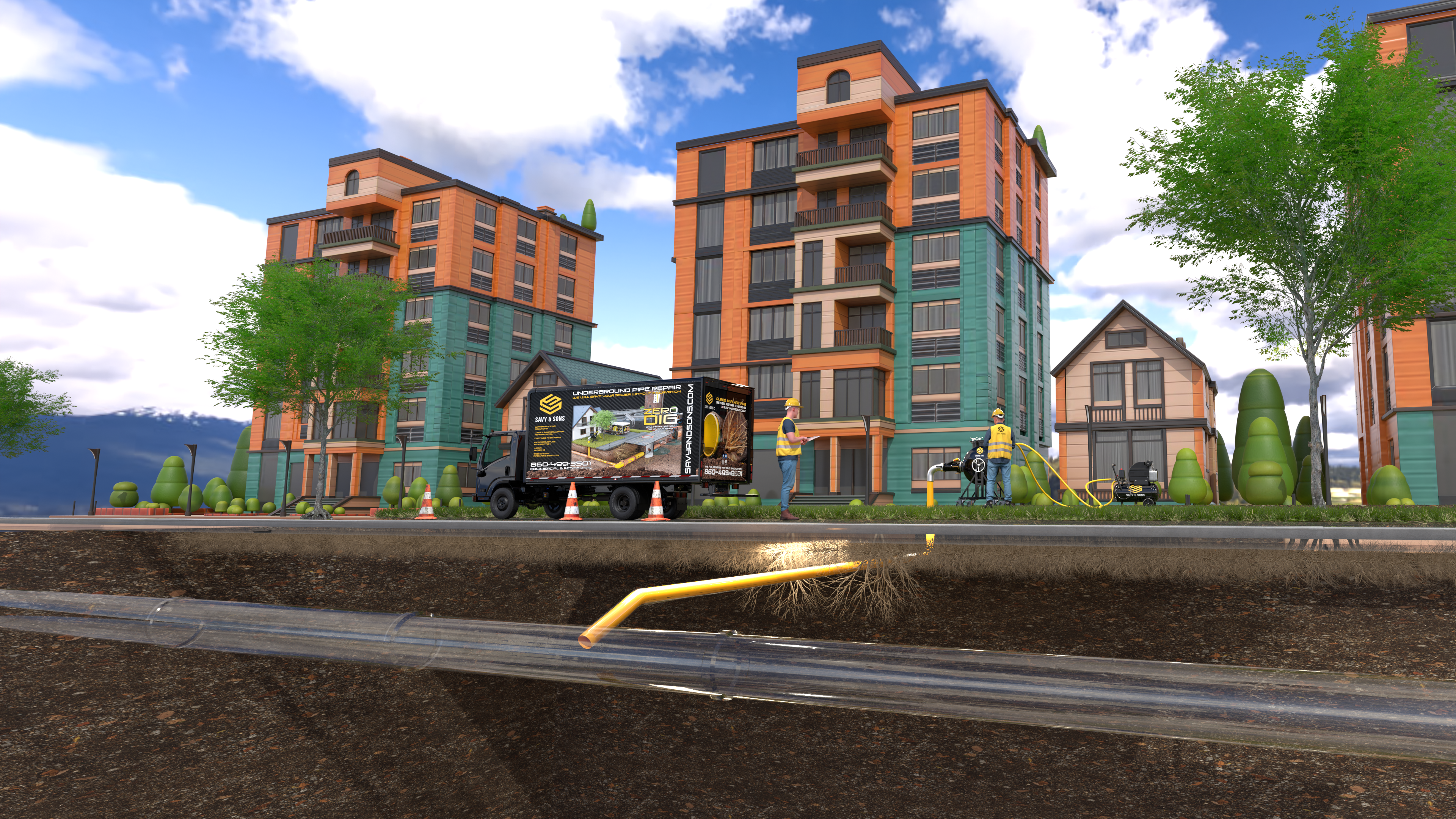 Sewer line running beneath a roadway and occupied commercial buildings