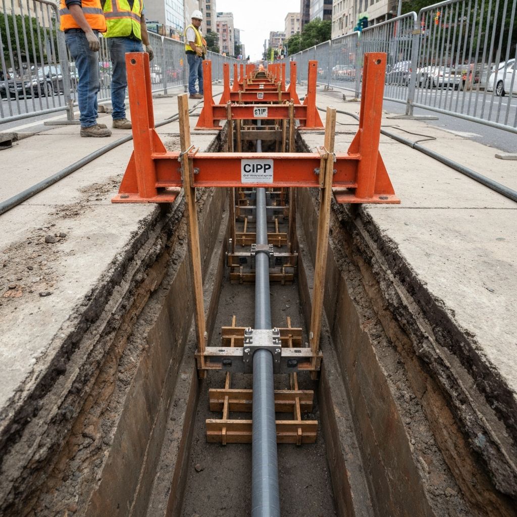 Continuous open trench and traffic control along a city street during full open-cut sewer replacement